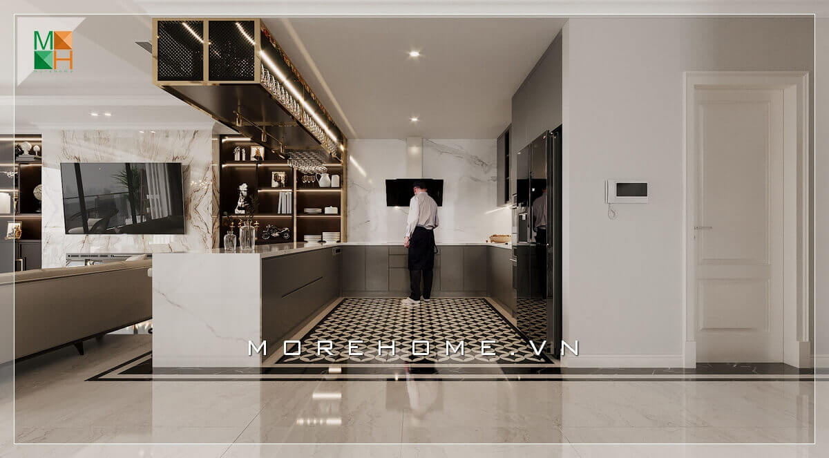 Mẫu tủ kệ gỗ treo đẹp sang trọng, có công dụng để đồ, cốc và ly rất tiện lợi Thiết kế tủ bếp biệt thự sang trọng