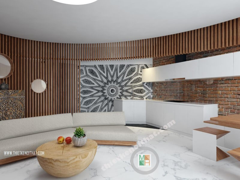 Thiết kế nội thất không gian bếp thay vì các mẫu tủ bếp cổ điển với nhiều chi tiết trang trí là thiết kế bếp hiện đại đa năng với thiết kế phẳng, sáng màu không tay nắm giúp không gian bếp được mở rộng và thông thoáng hơn. Thiết kế nhà bếp tiện nghi sang trọng