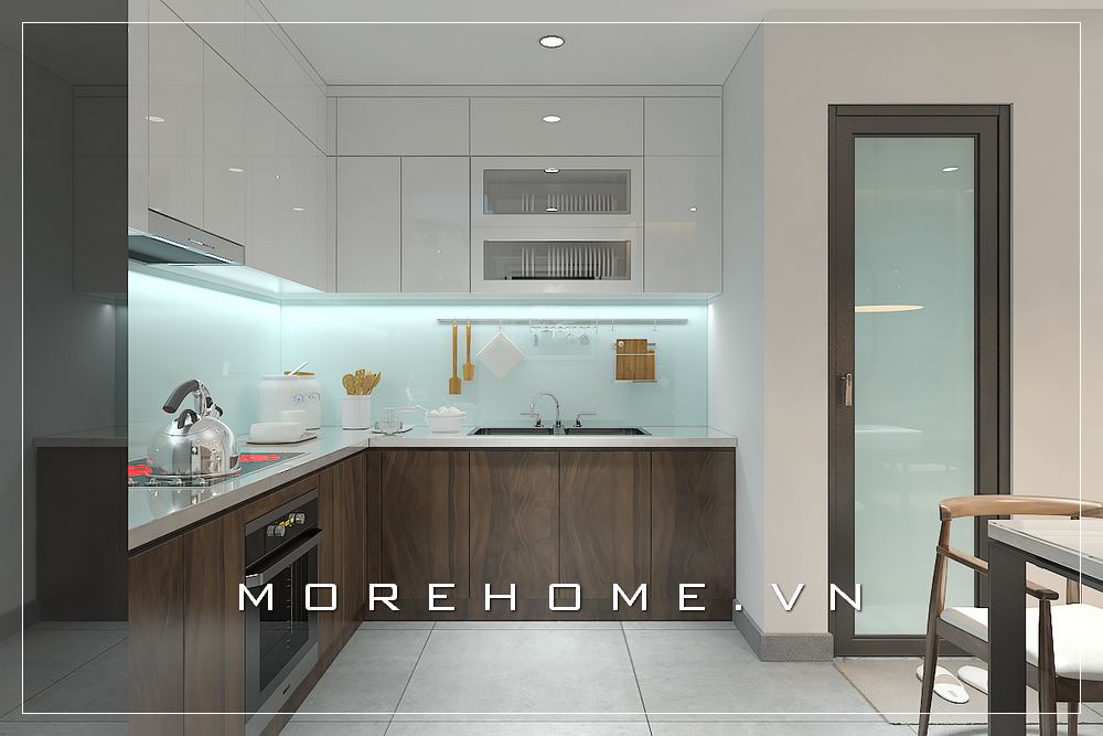 Thiết kế nội thất phòng bếp gỗ công nghiệp hiện đại cùng hệ thống thiết bị bếp đầy đủ tạo nên không gian tiện lợi cho người nội trợ Thiết kế nhà bếp tiện nghi sang trọng