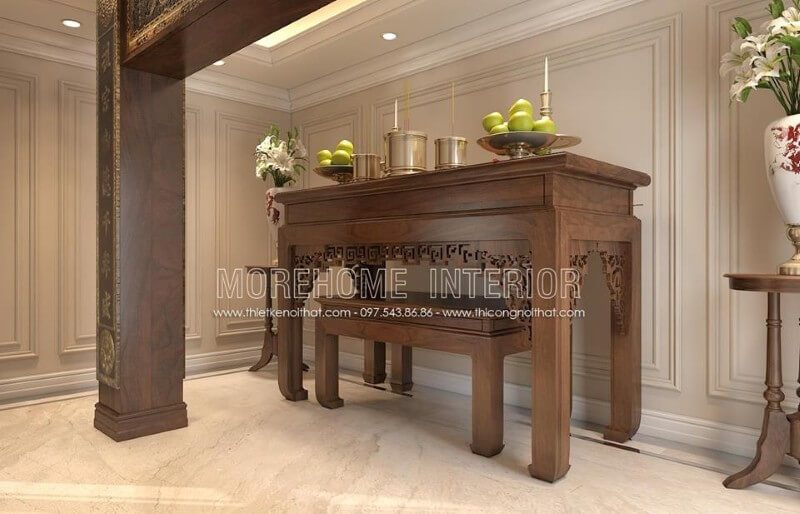 Mẫu bàn thờ gỗ óc chó đẹp tại biệt thự cao cấp, ở phía dưới bàn thờ được thiết kế kèm theo chiếc bàn phụ nhỏ tạo cho gia chủ thuận tiện hơn trong việc thờ cúng