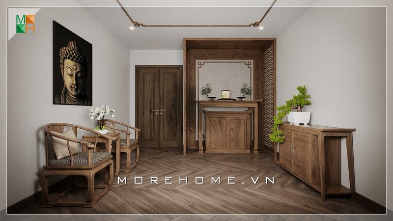 Ấn tượng với mẫu bàn thờ gỗ óc chó tự nhiên cao cấp làm tăng vẻ gần gũi thiên nhiên và độ sang trong không gian tâm linh.