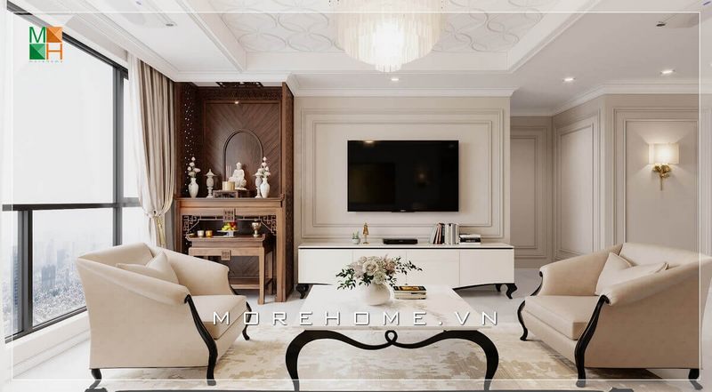 Mẫu bàn thờ được bố trí ngay phòng khách điều này thể hiện hiếu kỳ của khách đến chơi nhà. Với chất liệu gỗ óc chó rất sang chảnh nhưng vẫn không làm mất đi bản chất tôn nghiêm của không gian thờ phụng.