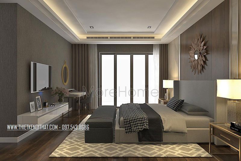 Gia chủ sẽ được trang trí tinh tế bởi bàn trang điểm được thiết kế nhẹ nhàng với mẫu gương tròn mạ vàng.