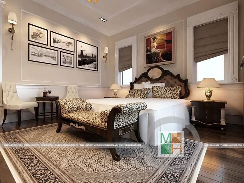 Mẫu giường ngủ gỗ tự nhiên cao cấp với đầu giường bọc da và đường nét tân cổ điển sẽ làm nên một điểm nhấn sang trọng cho căn phòng của bạn.