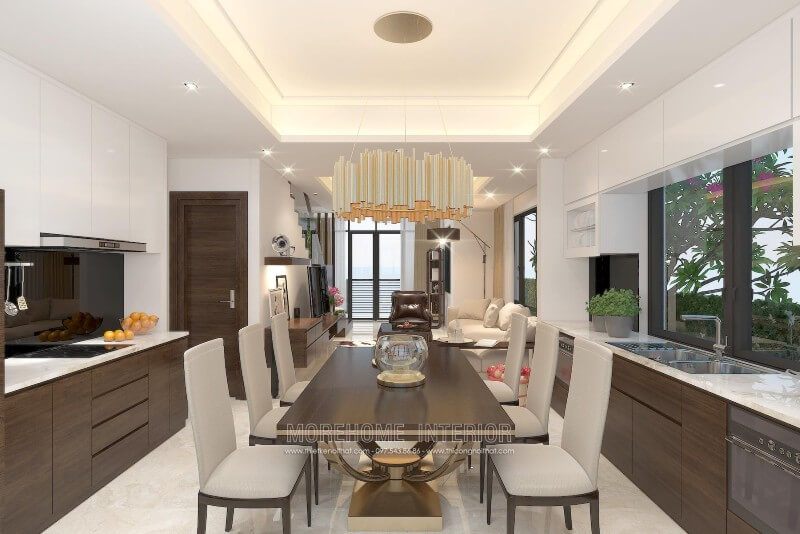 Tủ bếp gỗ Laminate phong cách hiện đại, mặt bếp được ốp đá nhân tạo solid sorface LG cao cấp không thấm nước giúp cho bề mặt luôn sạch sẽ, quá trình dọn dẹp lau chùi cũng diễn ra nhanh chóng hơn